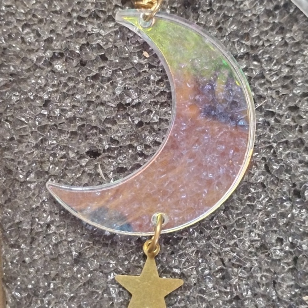 Translucent Crescent Moon Earrings with Star Charm Clip On Lightweight - Picture 4 of 4